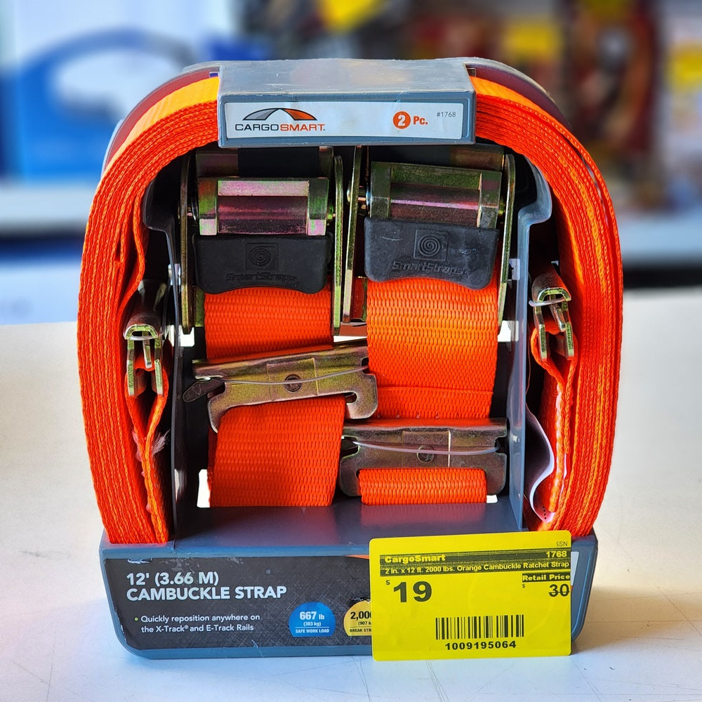 2 in. x 12 ft. 2000 lbs. Orange Cambuckle Ratchet Strap for X-Track/E-Track Systems (2-Pack) (1768) 2 in. x 12 ft. 2000 lbs. Orange Cambuckle Ratchet Strap for X-Track/E-Track Systems (2-Pack) (1768)